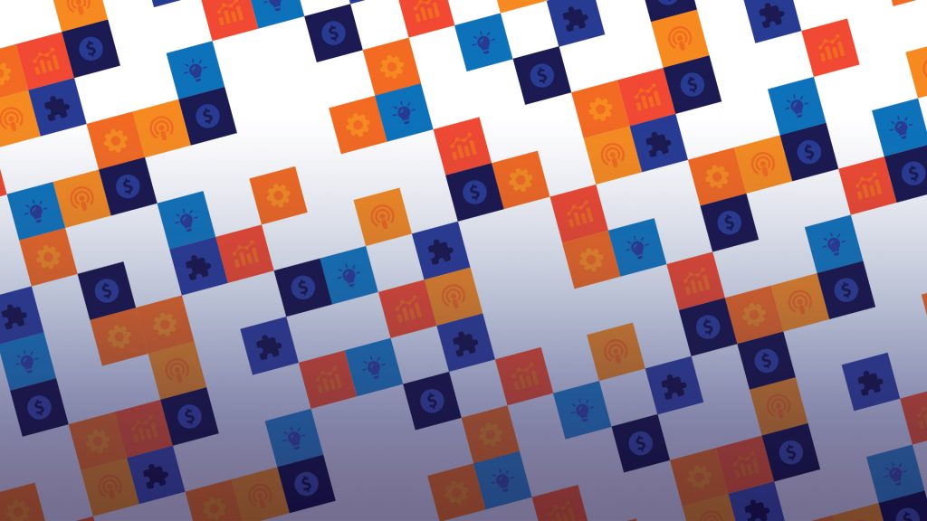 Repeating pattern of icons representing innovation, media, business and technology in the Center's brand colors